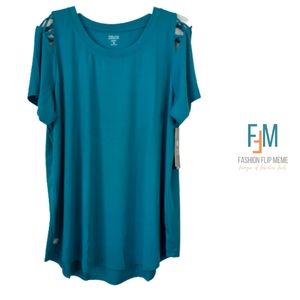 New! Zelos Women's Turquoise Loose-Fit Athleisure Active Tee 1X Shoulder Detail